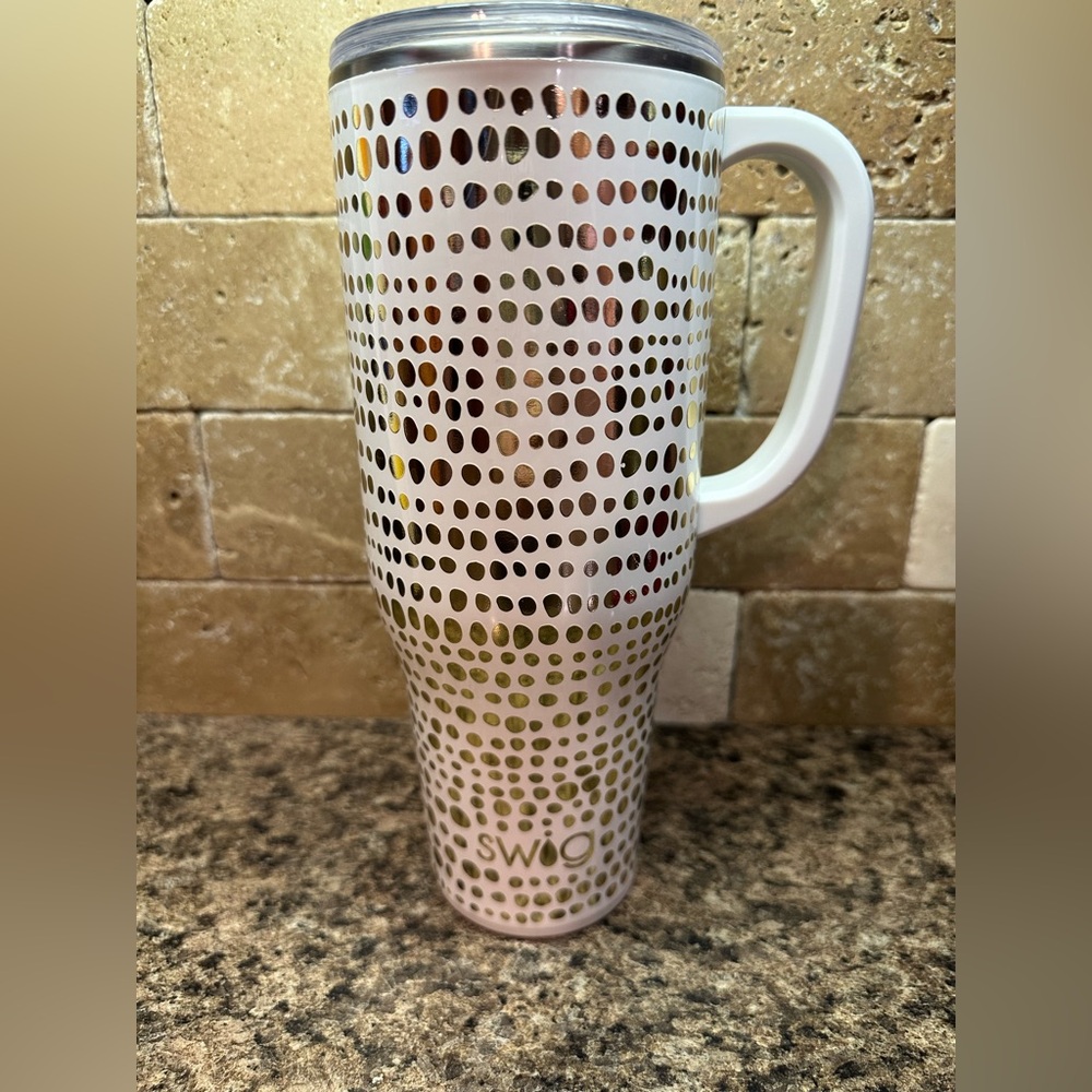 Swig White Travel Mug with Gold Dot Pattern and Handle